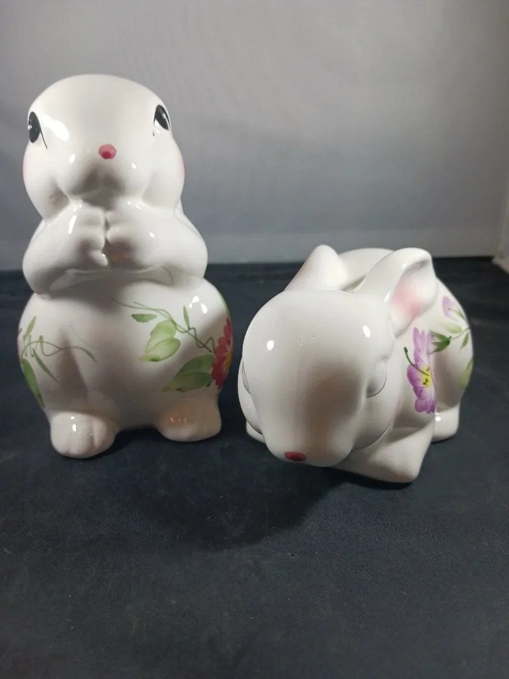 2 Vintage Ceramic Bunny Rabbit with Floral Print Body Purple Green